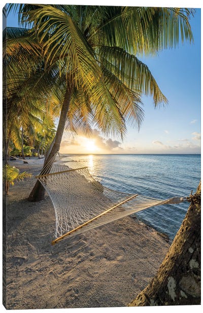 Sunset In A Hammock On The Beach Canvas Art Print - French Polynesia Art