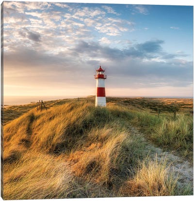 Red Lighthouse At The North Sea Coast, Sylt, Schleswig-Holstein, Germany Canvas Art Print - Coastal Sand Dune Art
