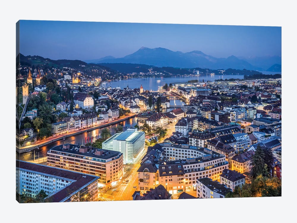Aerial View Of Lucerne At Night by Jan Becke 1-piece Canvas Wall Art