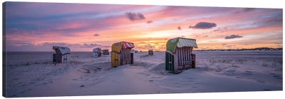 Beach Chairs At Sunset, North Sea Coast, Germany Canvas Art Print - Coastal Sand Dune Art