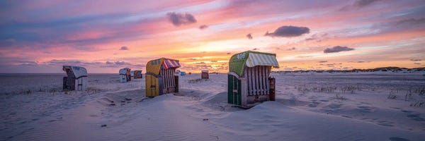Coastal Sand Dunes: Beach Chairs At Sunset, North Sea Coast, Germany by Jan Becke