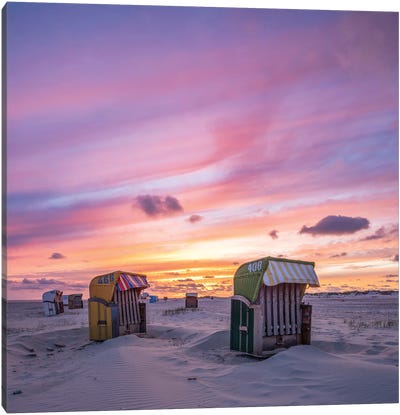 Sunset At The Beach, North Sea Coast, Germany Canvas Art Print - Coastal Sand Dune Art