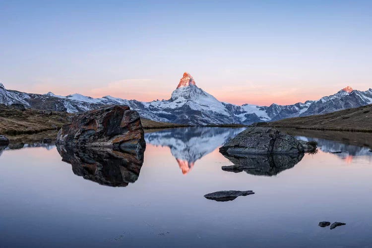 Panoramic View Of Stellisee And Matterhorn At Sunrise