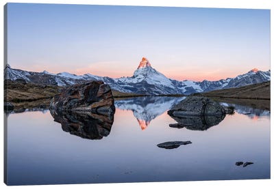 Panoramic View Of Stellisee And Matterhorn At Sunrise Canvas Art Print - Switzerland Art