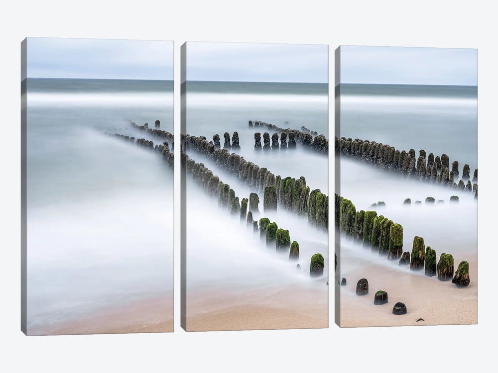 Wooden Groyne At The North Sea Coast by Jan Becke 3-piece Canvas Print