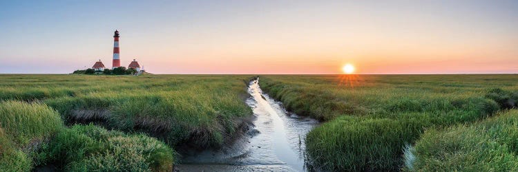 Westerheversand Lighthouse Panorama At Sunset, North Sea Coast, Schleswig-Holstein, Germany