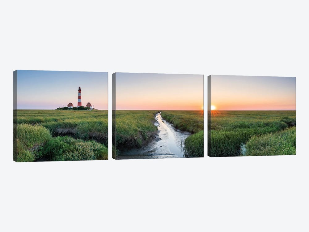 Westerheversand Lighthouse Panorama At Sunset, North Sea Coast, Schleswig-Holstein, Germany by Jan Becke 3-piece Canvas Art