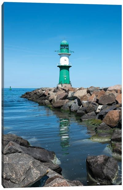 Lighthouse Molenfeuer Westmole In Summer, Warnemünde, Rostock, Mecklenburg-Vorpommern, Germany Canvas Art Print