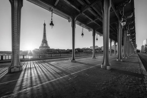 Towers: Pont De Bir-Hakeim And Eiffel Tower At Sunrise In Black And White, Paris, France by Jan Becke