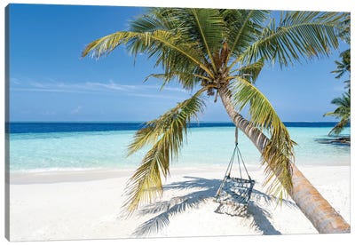 Swing On A Palm Tree On A Tropical Island In The Maldives Canvas Art Print - Maldives