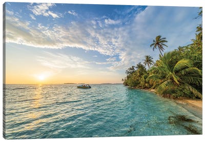 Beautiful Sunrise On A Tropical Island In The Maldives Canvas Art Print - Maldives
