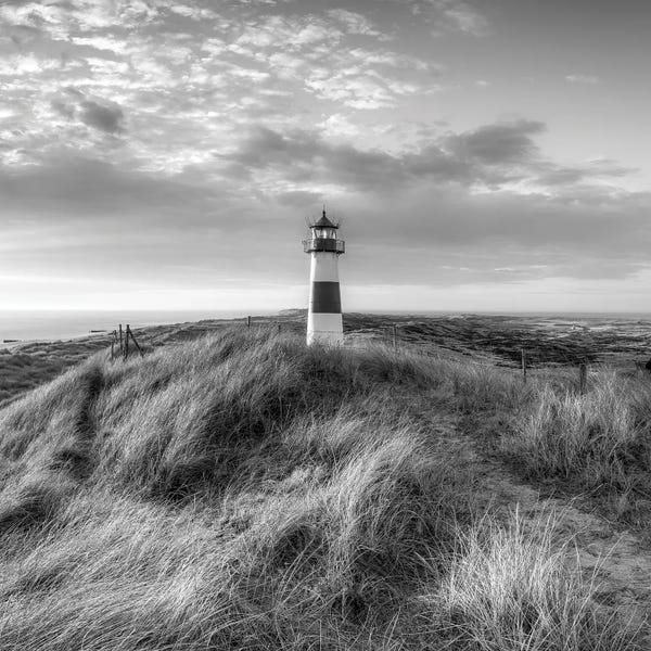 Lighthouses: Lighthouse At The Dune Beach, Sylt, Schleswig-Holstein, Germany, Black And White by Jan Becke