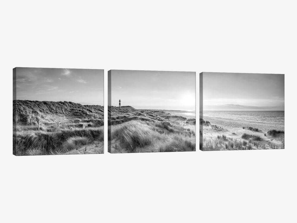 Lighthouse List Ost The Dune Beach, North Sea Coast, Sylt, Schleswig-Holstein, Germany, Black And White by Jan Becke 3-piece Canvas Art