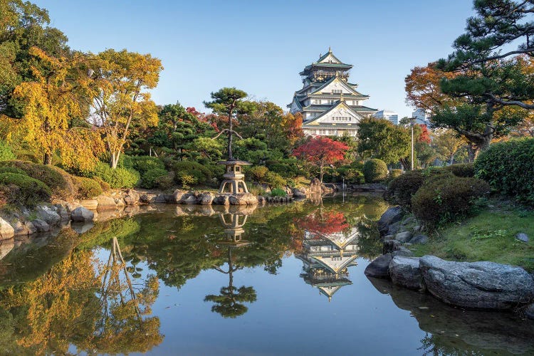 Nishinomaru Japanese Landscape Garden And Osaka Castle In Autumn Season, Japan