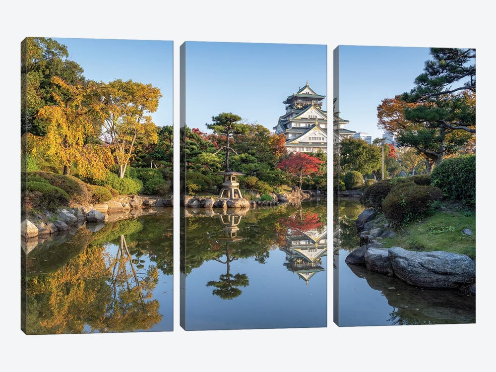 Nishinomaru Japanese Landscape Garden And Osaka Castle In Autumn Season, Japan by Jan Becke 3-piece Canvas Art Print