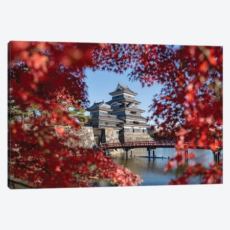 Red Japanese Maple Leaves And Matsumoto Castle In Autumn Season, Nagano Prefecture, Japan Canvas Print #JNB2421} by Jan Becke Canvas Art