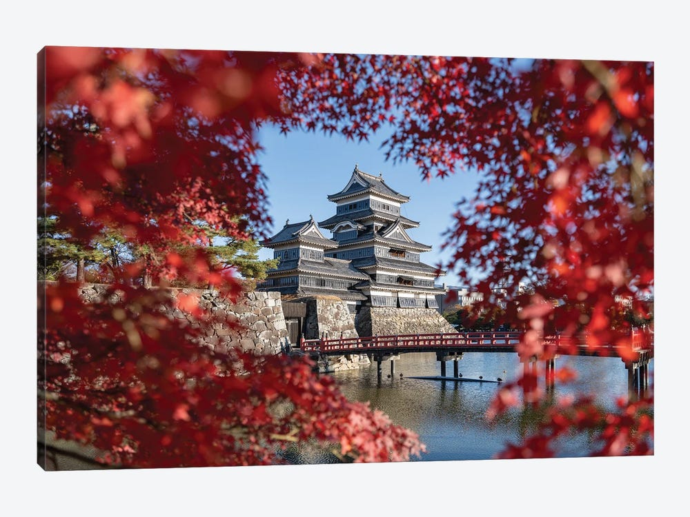 Red Japanese Maple Leaves And Matsumoto Castle In Autumn Season, Nagano Prefecture, Japan by Jan Becke 1-piece Canvas Art