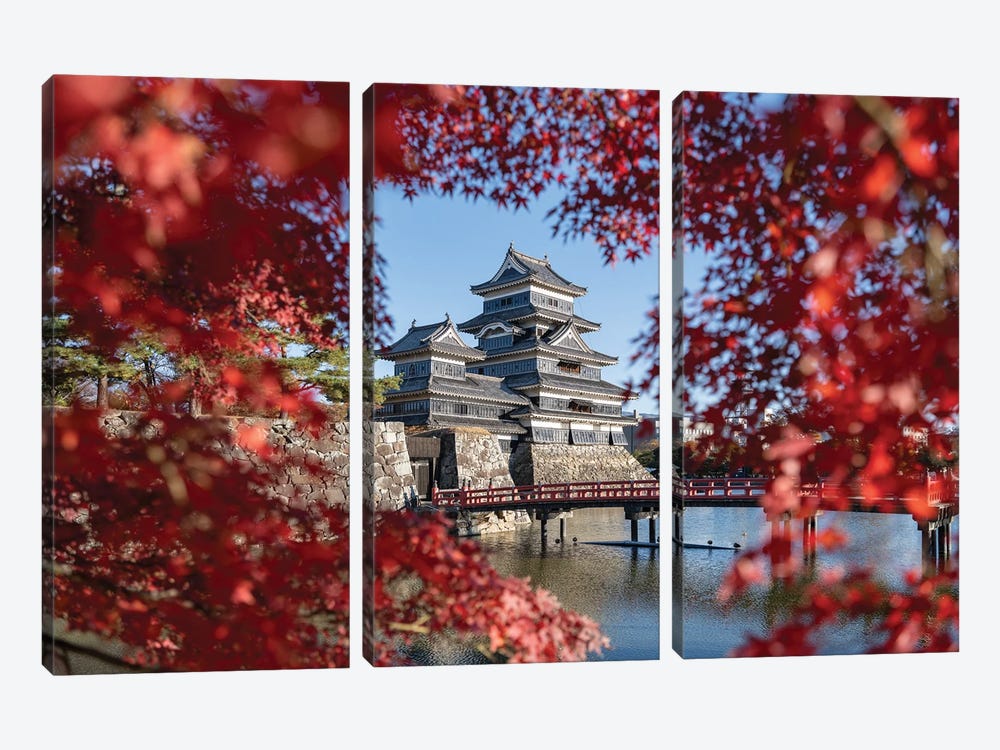 Red Japanese Maple Leaves And Matsumoto Castle In Autumn Season, Nagano Prefecture, Japan by Jan Becke 3-piece Canvas Wall Art