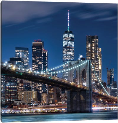 Brooklyn Bridge With One World Trade Center At Night Canvas Art Print - Brooklyn Art