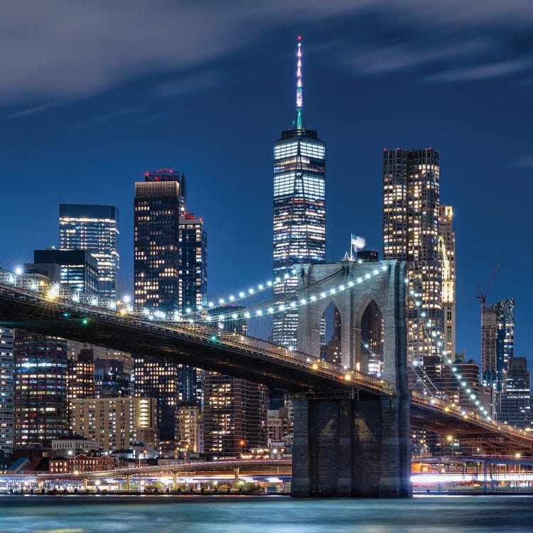 Brooklyn Bridge With One World Trade Center At Night