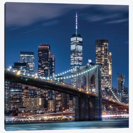 Brooklyn Bridge With One World Trade Center At Night Canvas Print #JNB2428} by Jan Becke Canvas Wall Art