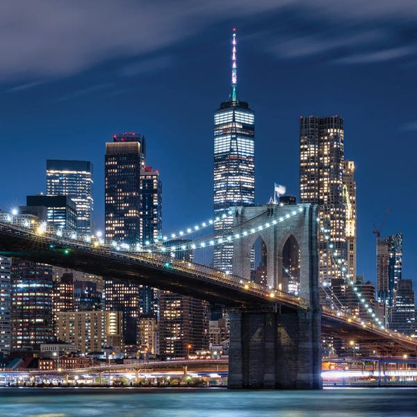 Brooklyn: Brooklyn Bridge With One World Trade Center At Night by Jan Becke