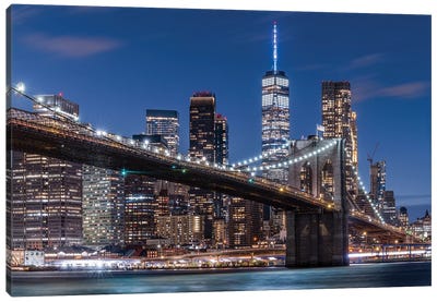 Brooklyn Bridge And Lower Manhattan Skyline At Night Canvas Art Print - Urban Scenic Photography