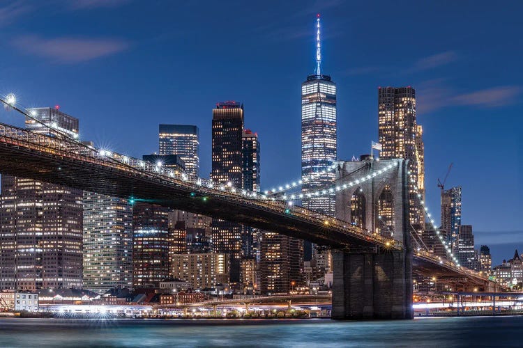 Brooklyn Bridge And Lower Manhattan Skyline At Night by Jan Becke wall art