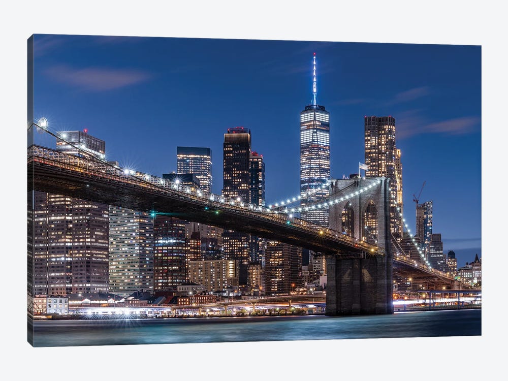 Brooklyn Bridge And Lower Manhattan Skyline At Night by Jan Becke 1-piece Canvas Art