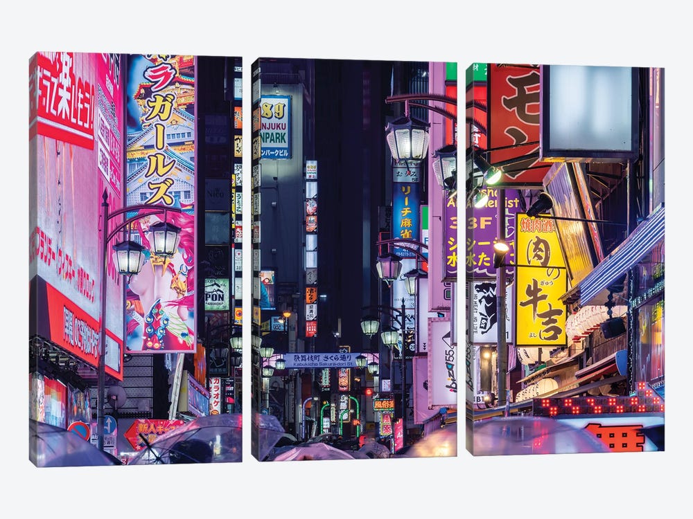 Colorful Neon Signs At The Kabukicho Nighlife District, Shinjuku, Tokyo, Japan by Jan Becke 3-piece Art Print
