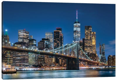 Brooklyn Bridge And Lower Manhattan Skyline At Night, New York City, USA Canvas Art Print - Brooklyn Art