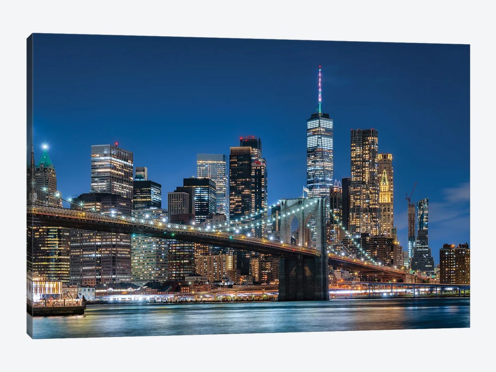 Brooklyn Bridge And Lower Manhattan Skyline At Night, New York City, USA by Jan Becke 1-piece Canvas Art Print