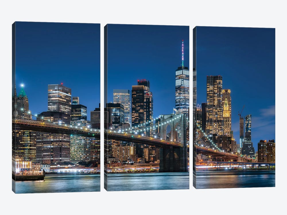 Brooklyn Bridge And Lower Manhattan Skyline At Night, New York City, USA by Jan Becke 3-piece Canvas Print