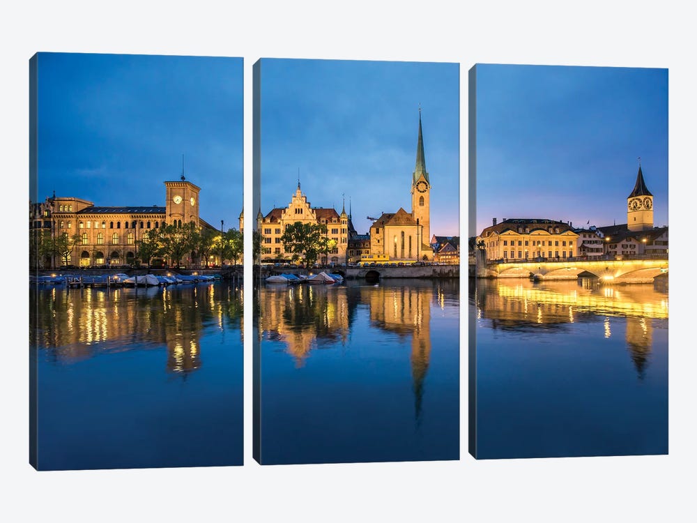 Old Town Of Zurich At Night by Jan Becke 3-piece Canvas Wall Art