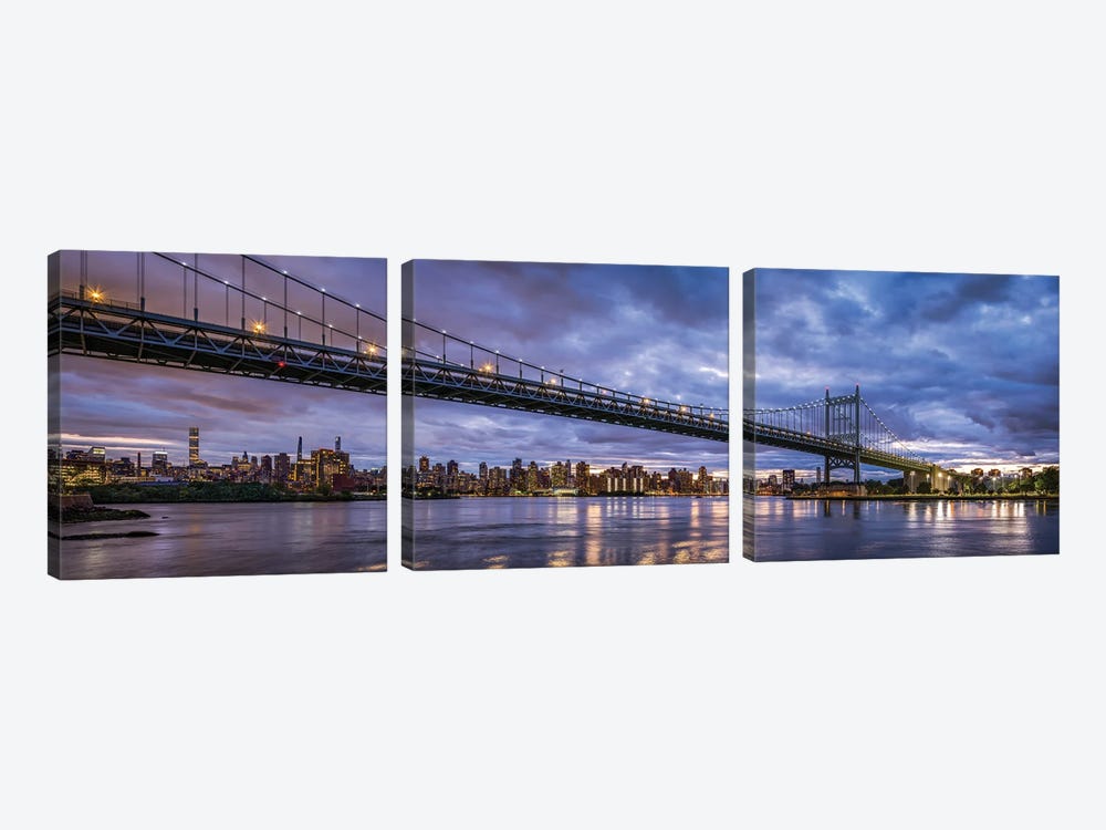 Robert F. Kennedy Bridge (Triborough Bridge) Panorama At Night, New York City by Jan Becke 3-piece Canvas Art Print