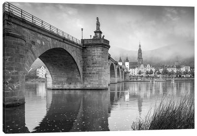 Old Bridge In Heidelberg, Germany, Black And White Canvas Art Print
