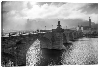 Heidelberg Old Bridge And Castle, Germany, Black And White Canvas Art Print