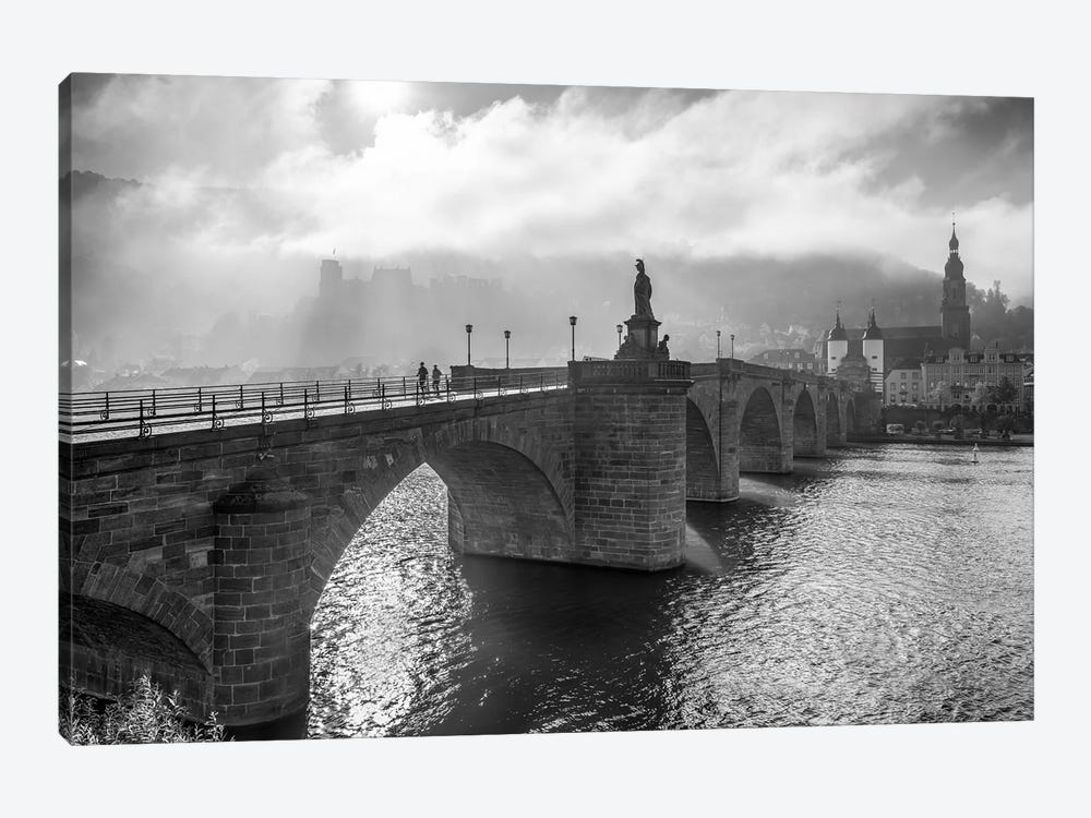 Heidelberg Old Bridge And Castle, Germany, Black And White by Jan Becke 1-piece Canvas Wall Art