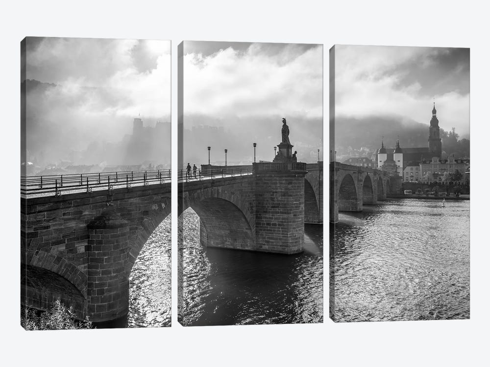 Heidelberg Old Bridge And Castle, Germany, Black And White by Jan Becke 3-piece Canvas Wall Art
