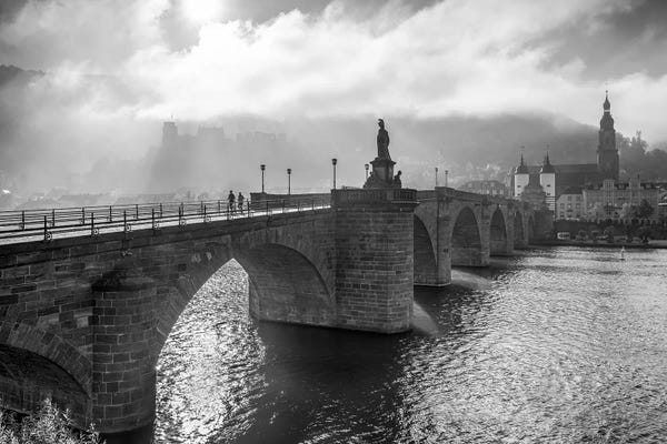 Heidelberg Old Bridge And Castle, Germany, Black And White