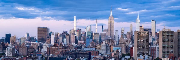 Manhattan Skyline Panorama At Dusk, New York City, USA