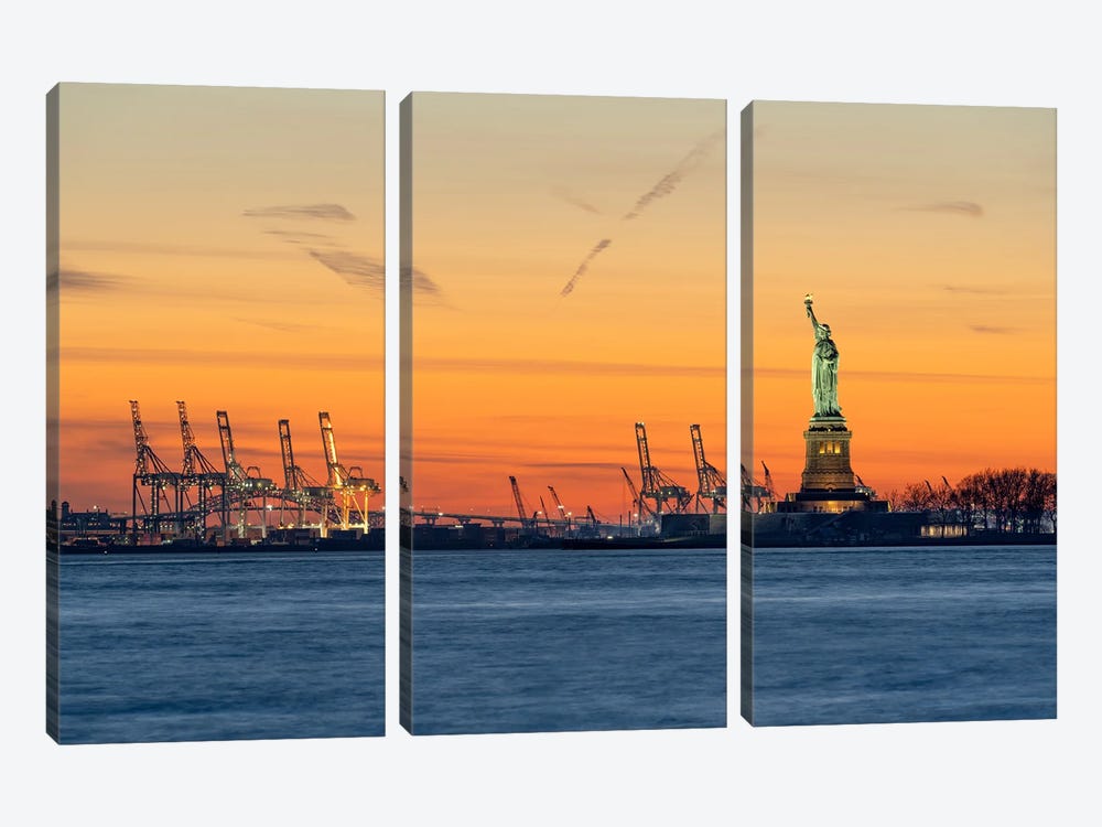 Statue Of Liberty At Sunset, New York City by Jan Becke 3-piece Canvas Art