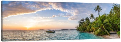 Tropical Beach Panorama At Sunrise, Maldives Canvas Art Print - Maldives