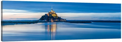 Panoramic View Of Mont-Saint-Michel Tidal Island At Dusk, Normandy, France Canvas Art Print - Famous Places of Worship