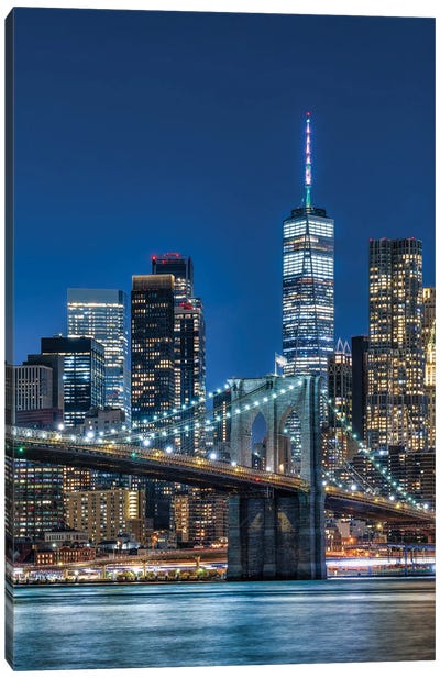 Brooklyn Bridge And Lower Manhattan Skyline At Night, New York City Canvas Art Print - Urban Scenic Photography