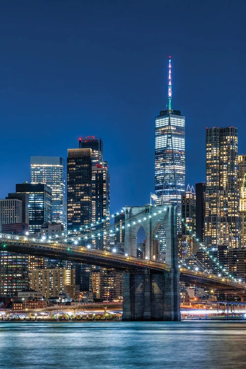 Brooklyn Bridge And Lower Manhattan Skyline At Night, New York City by Jan Becke wall art