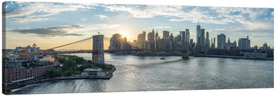 Brooklyn Bridge And Lower Manhattan Sunset Panorama, New York City Canvas Art Print - City Sunrise & Sunset Art