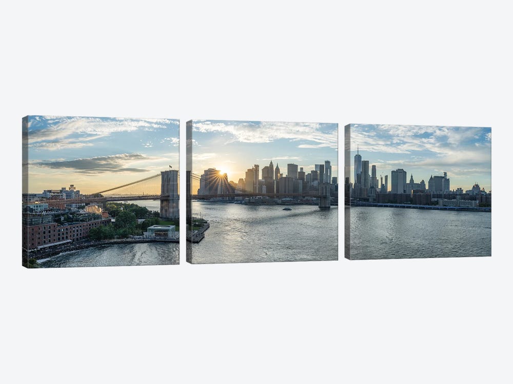 Brooklyn Bridge And Lower Manhattan Sunset Panorama, New York City by Jan Becke 3-piece Canvas Print