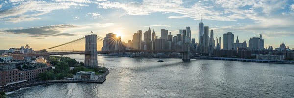 Brooklyn Bridge: Brooklyn Bridge And Lower Manhattan Sunset Panorama, New York City by Jan Becke