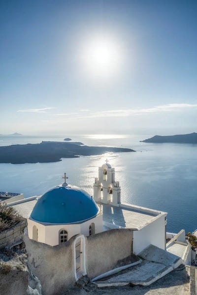 Famous Places Of Worship: Three Bells Of Fira Church In Summer, Firostefani, Santorini, Greece by Jan Becke